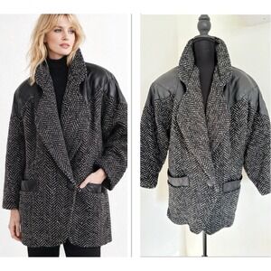 Vintage 80s Herringbone Tweed Wool Coat Leather Trim Working Girl Blazer 9-10